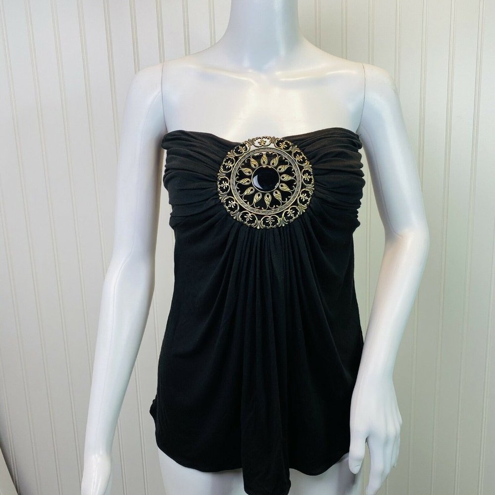 Sky Top Black Strapless Large Gold Medallion